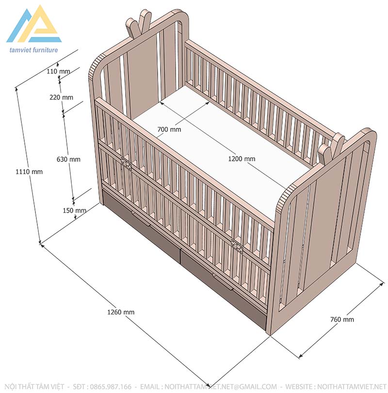 Cũi em bé bằng gỗ công nghiệp CTE-703